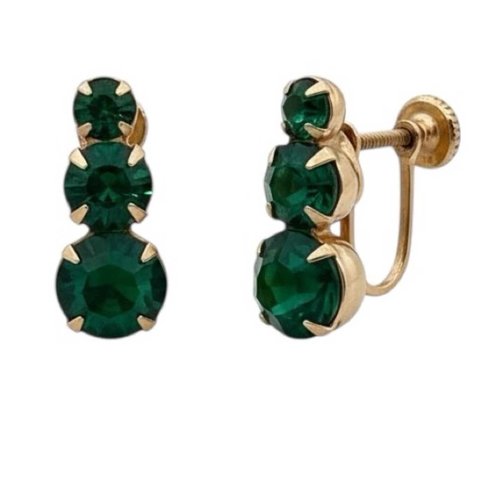 Vintage Emerald Green Goldtone Clip On Screwback Teardrop Earrings - Picture 1 of 6